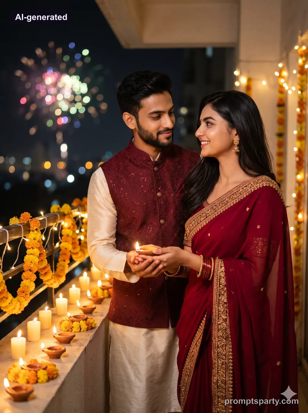Arjun and Riya lighting diyas on a festive balcony with fireworks in the night sky, Gemini version