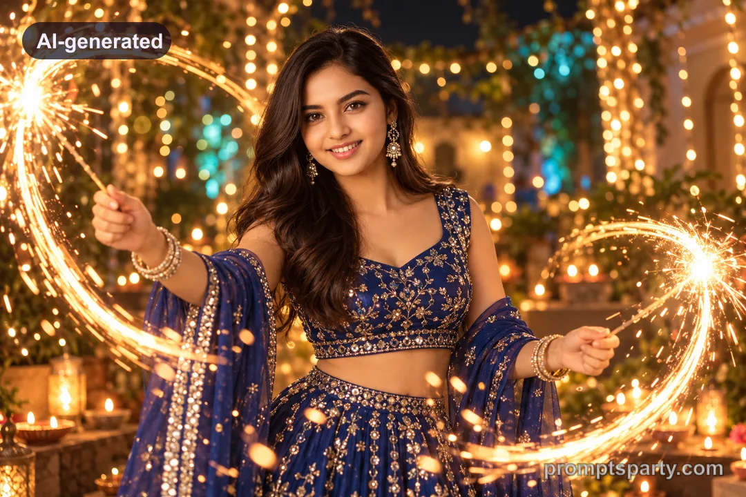 Riya in a royal blue embroidered lehenga waving golden sparklers with dynamic light trails, ChatGPT version