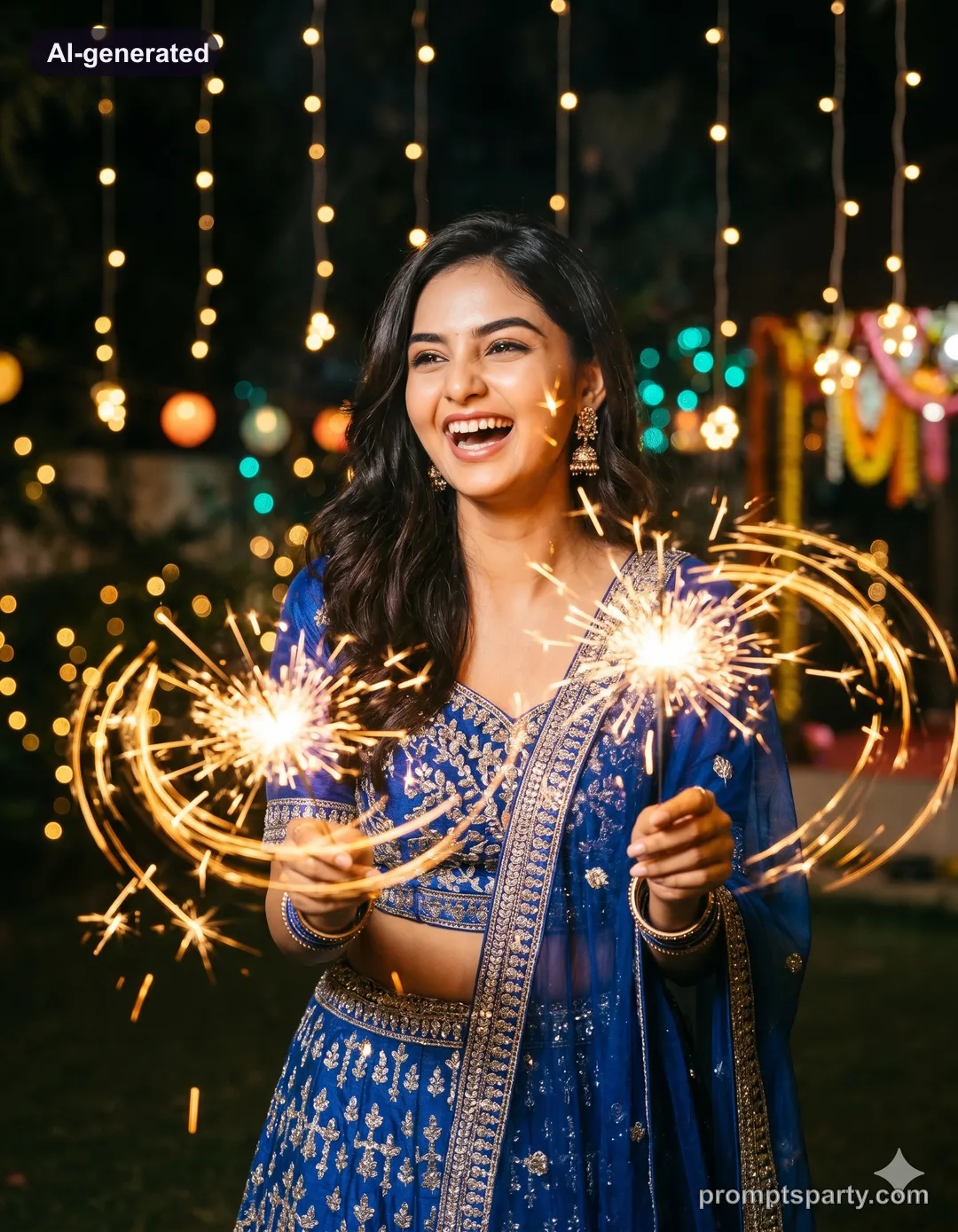 Riya in a royal blue embroidered lehenga waving golden sparklers with dynamic light trails, Gemini version