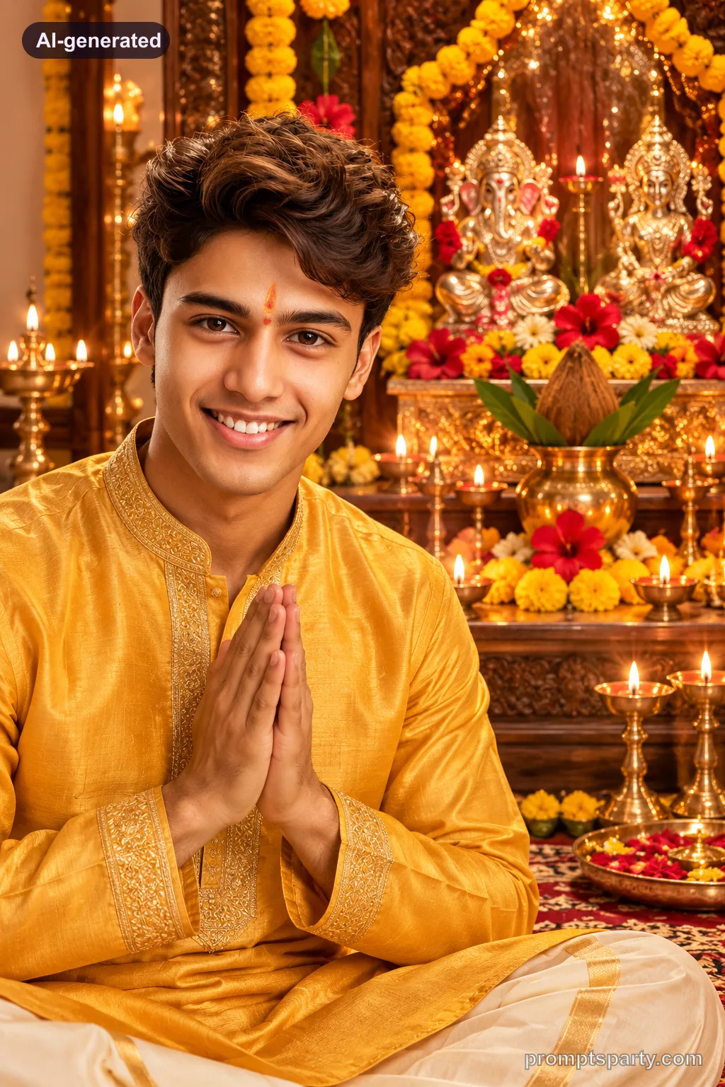 Dev in a turmeric yellow silk kurta in namaste greeting before a decorated Lakshmi puja mandir, ChatGPT version