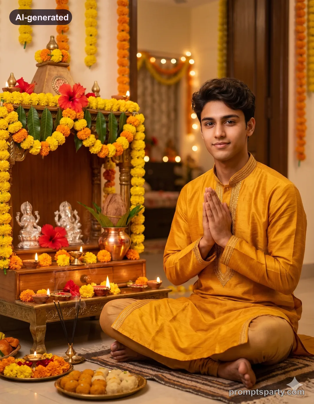 Dev in a turmeric yellow silk kurta in namaste greeting before a decorated Lakshmi puja mandir, Gemini version