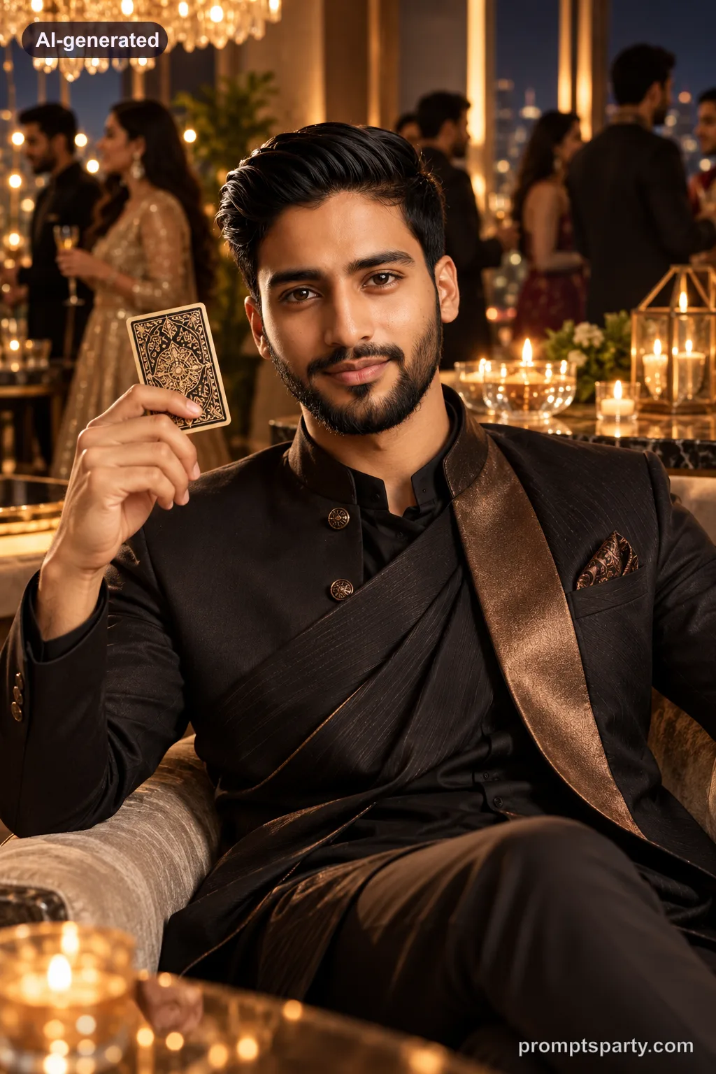 Yash in a modern draped bandhgala fusion jacket at an upscale Diwali cards party, ChatGPT version