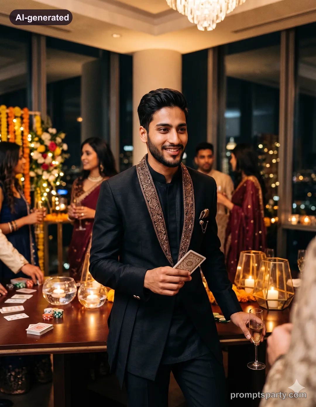 Yash in a modern draped bandhgala fusion jacket at an upscale Diwali cards party, Gemini version