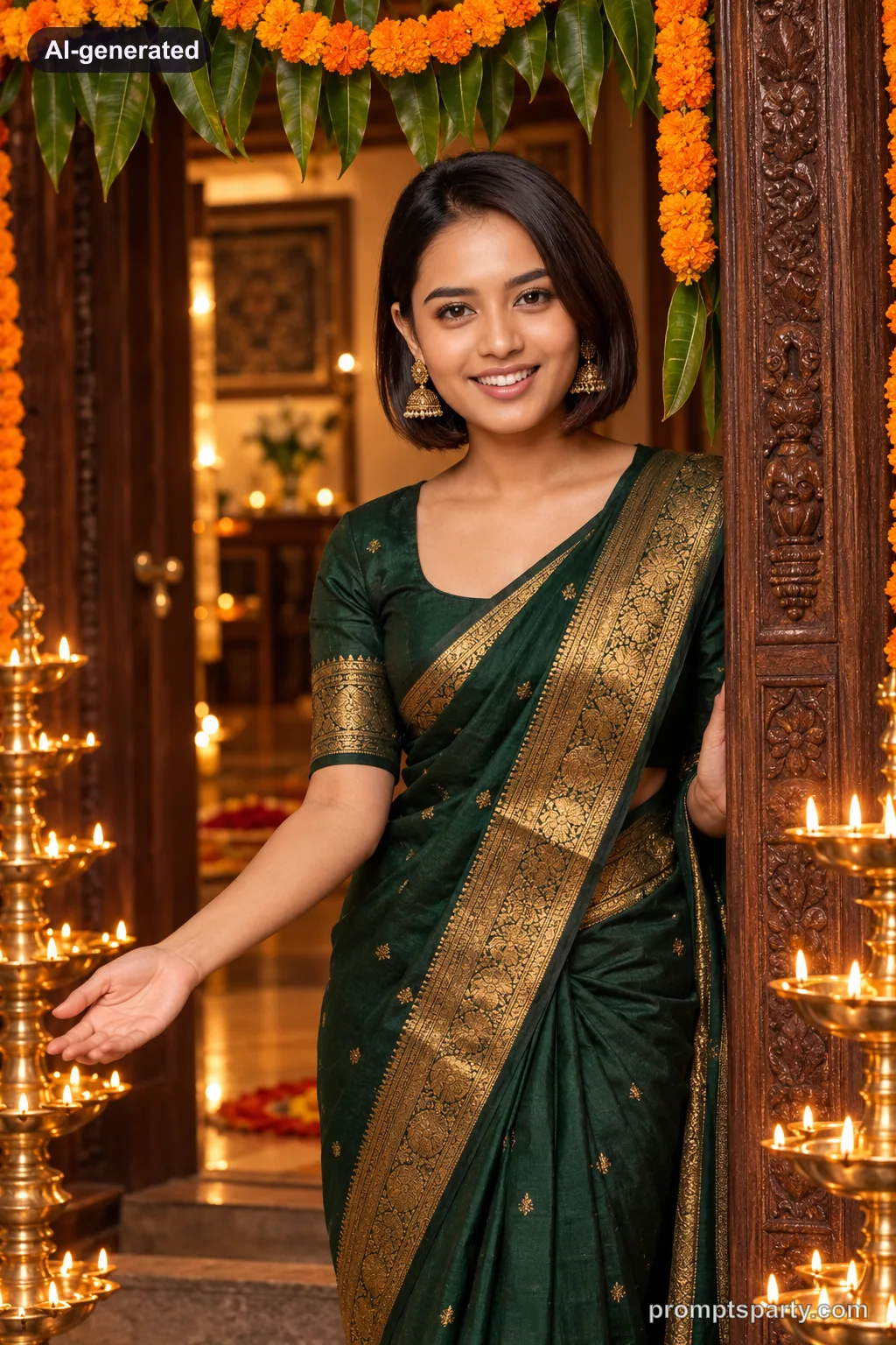 Meera in a bottle-green Chanderi silk saree at a carved teakwood doorway decorated with marigold torans, ChatGPT version