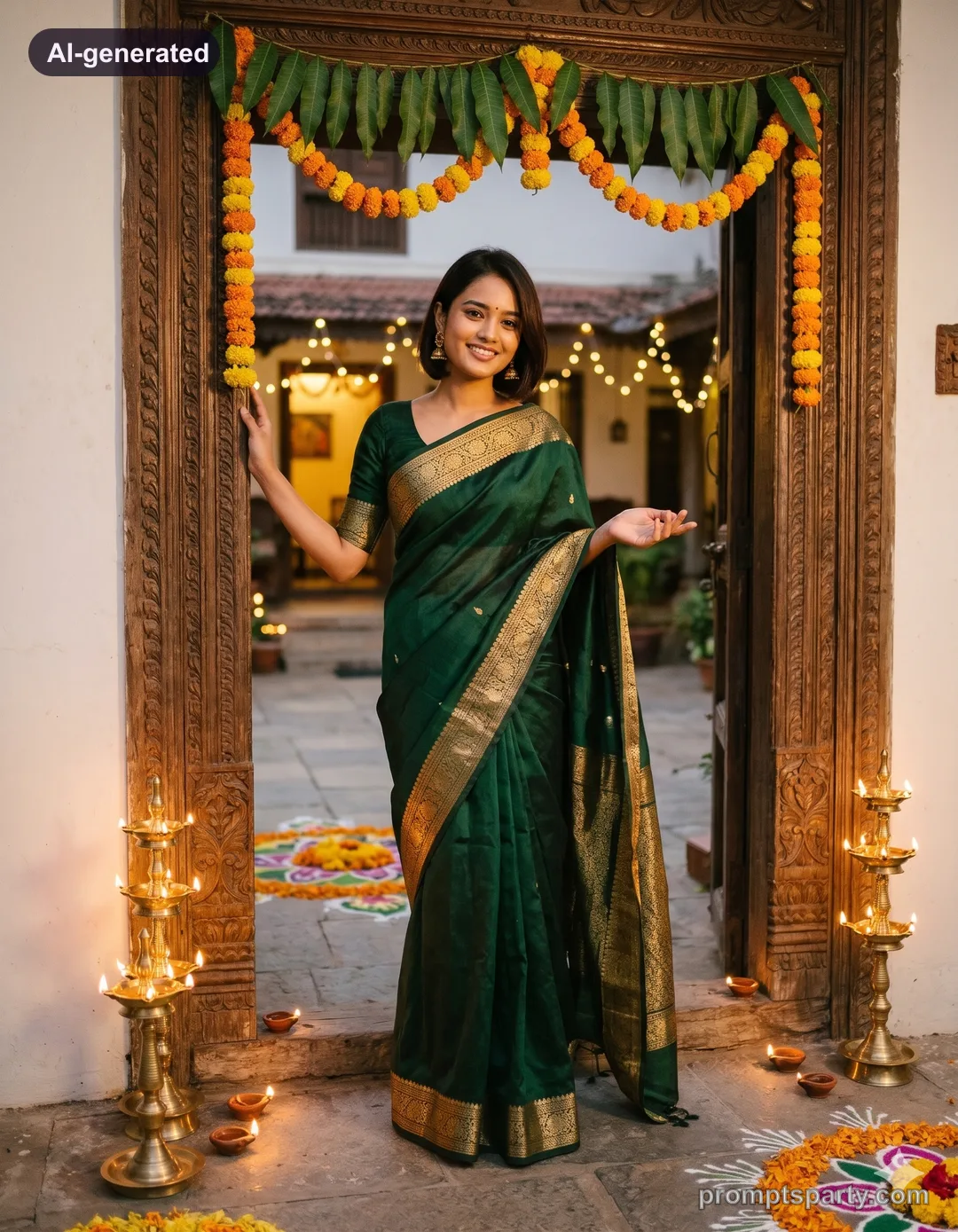 Meera in a bottle-green Chanderi silk saree at a carved teakwood doorway decorated with marigold torans, Gemini version