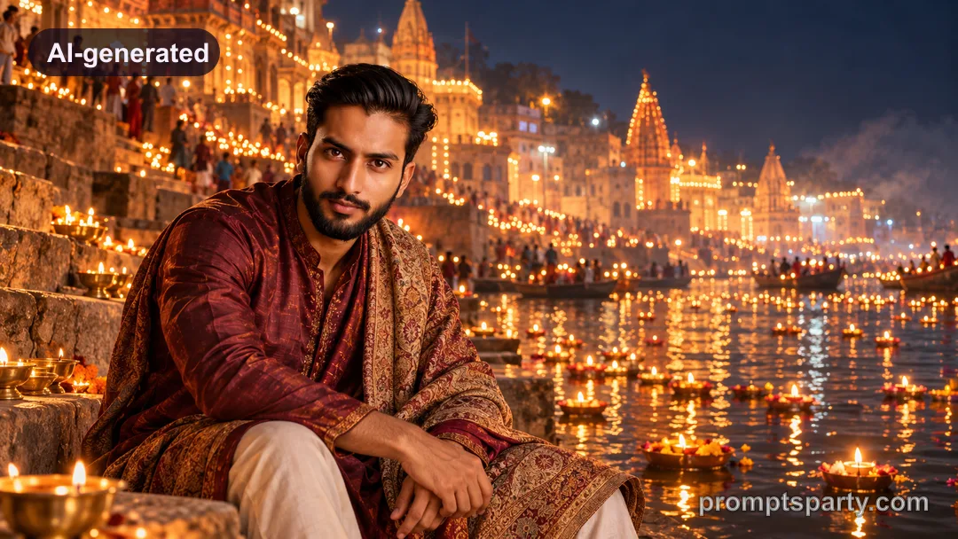 Aditya in a maroon silk kurta with pashmina shawl sitting on the Varanasi ghat steps during Dev Deepawali, ChatGPT version
