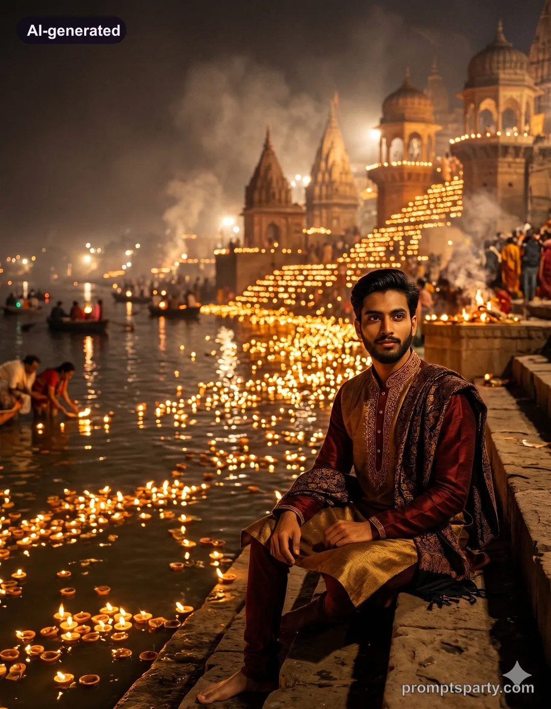Aditya in a maroon silk kurta with pashmina shawl sitting on the Varanasi ghat steps during Dev Deepawali, Gemini version