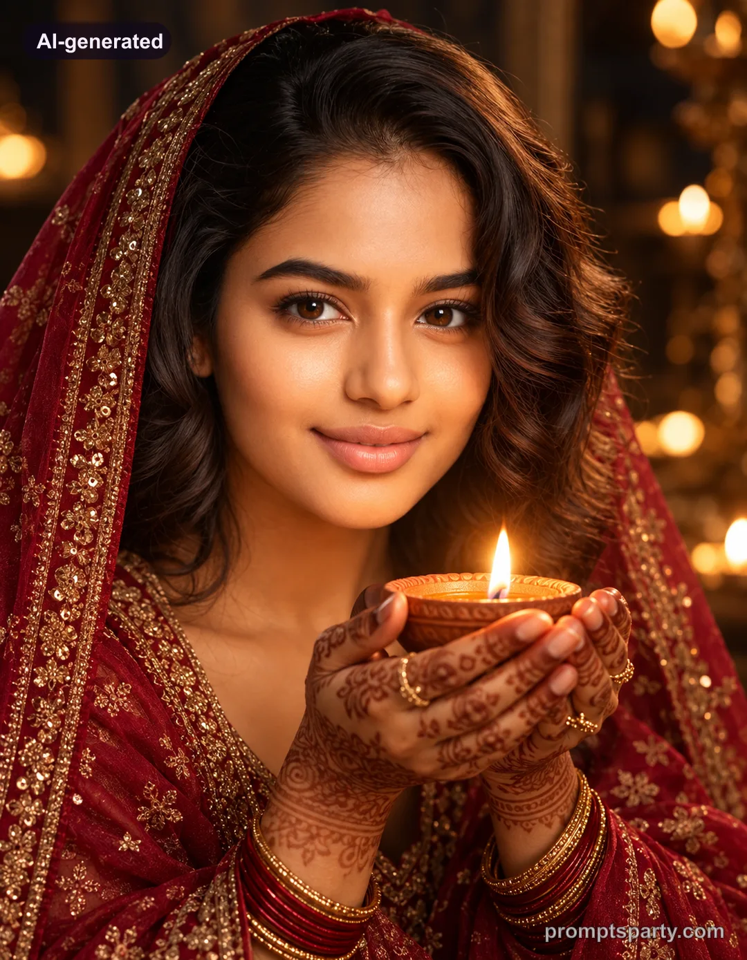 Tara in an embellished crimson silk dupatta cupping a lit diya in henna-patterned hands, ChatGPT version