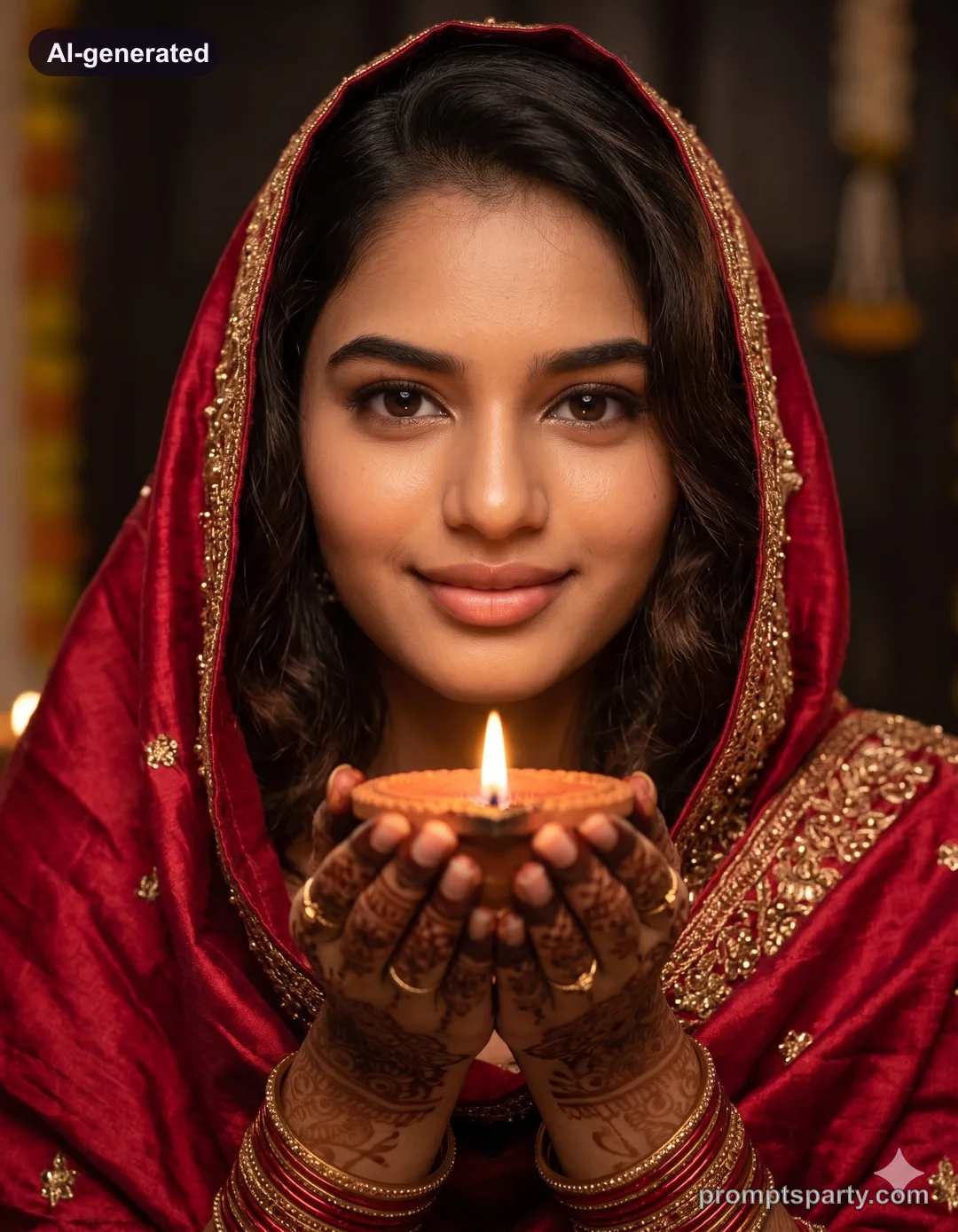 Tara in an embellished crimson silk dupatta cupping a lit diya in henna-patterned hands, Gemini version