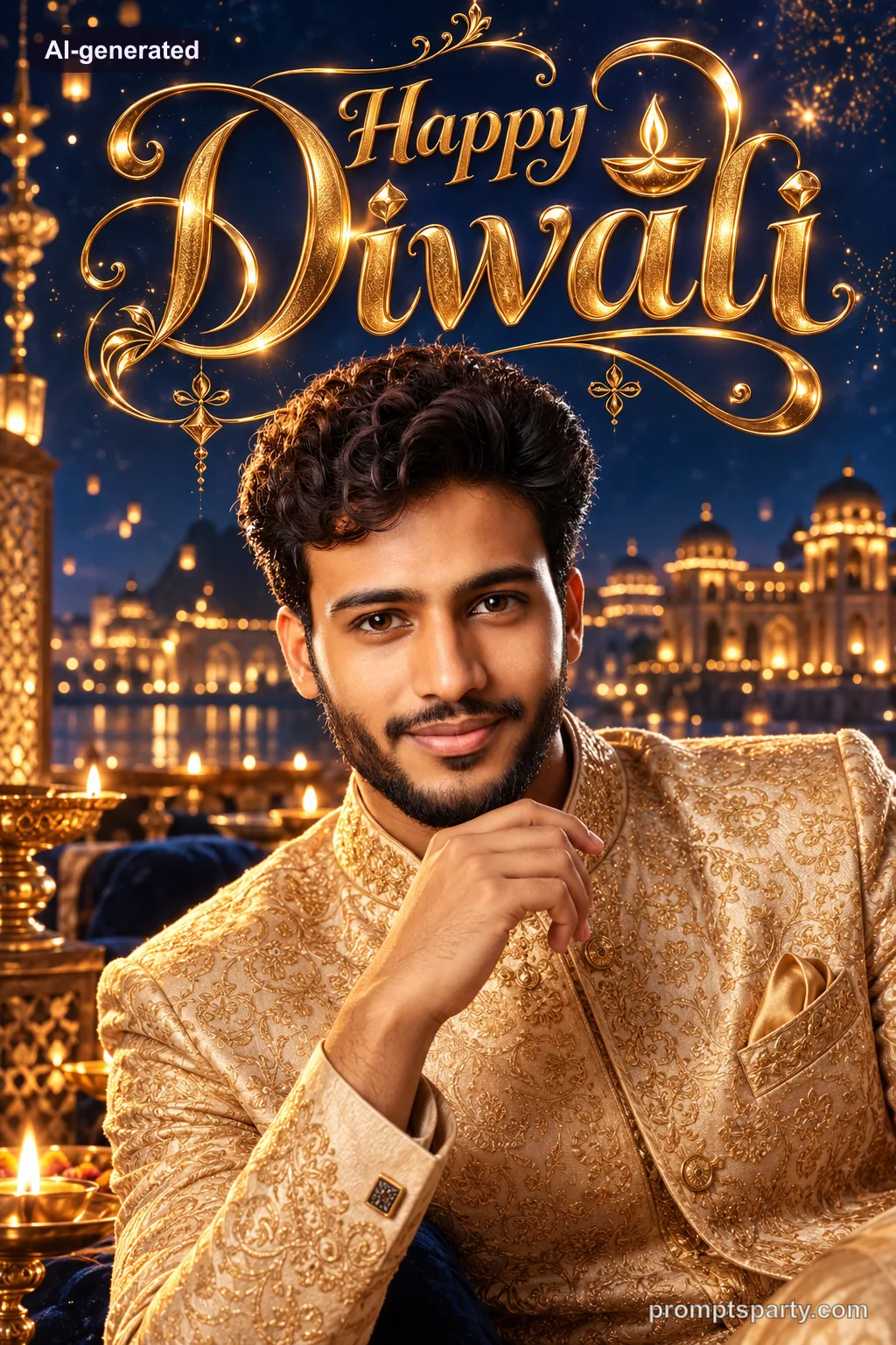 Vikram in an opulent golden brocade sherwani with 3D Happy Diwali calligraphy poster, ChatGPT version