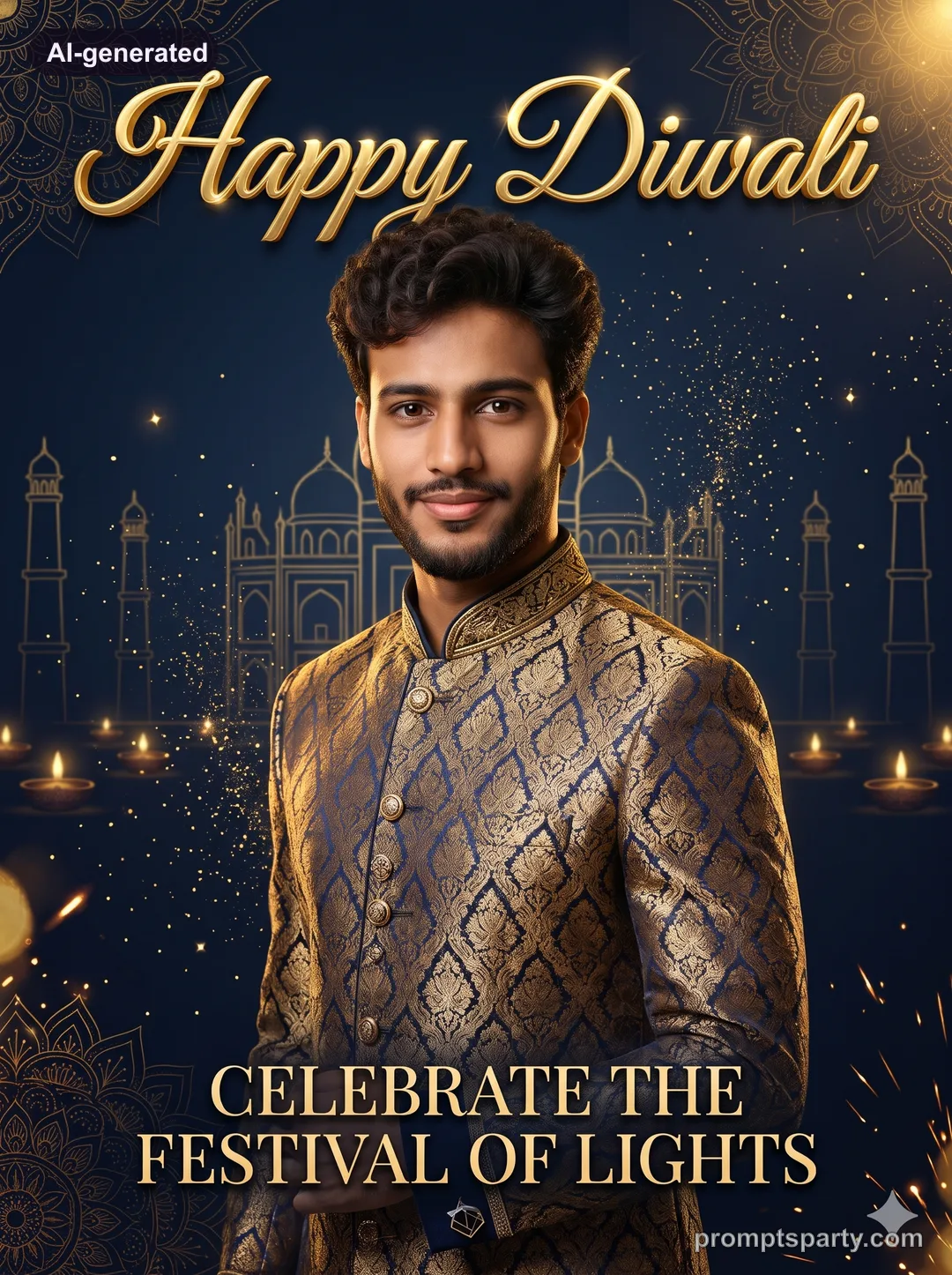 Vikram in an opulent golden brocade sherwani with 3D Happy Diwali calligraphy poster, Gemini version