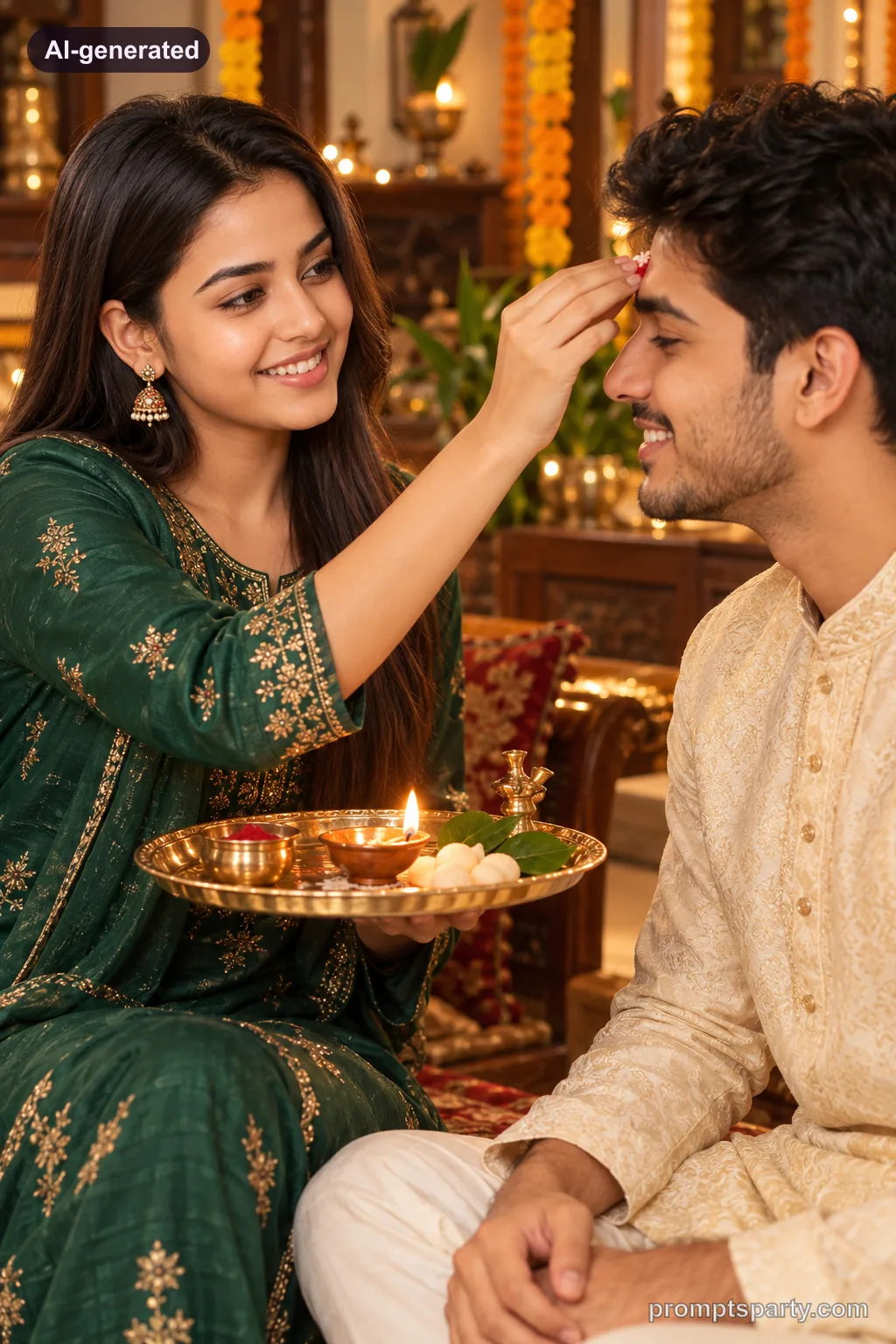 Ananya performing Bhai Dooj tilak ceremony with brass thali, ChatGPT version