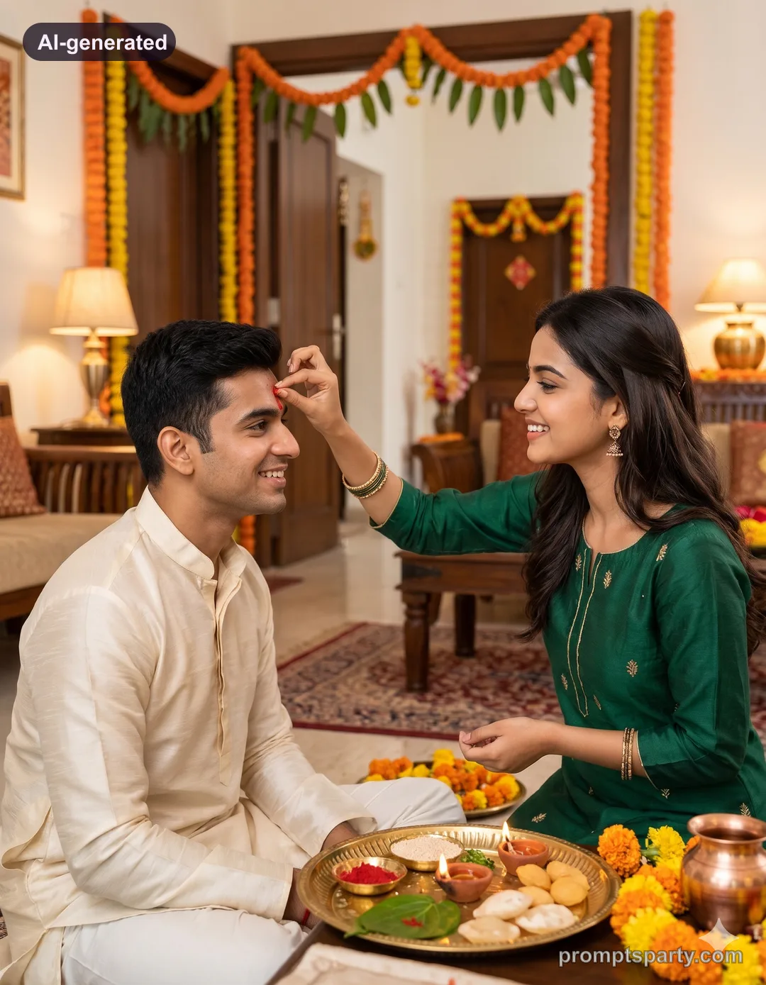 Ananya performing Bhai Dooj tilak ceremony with brass thali, Gemini version