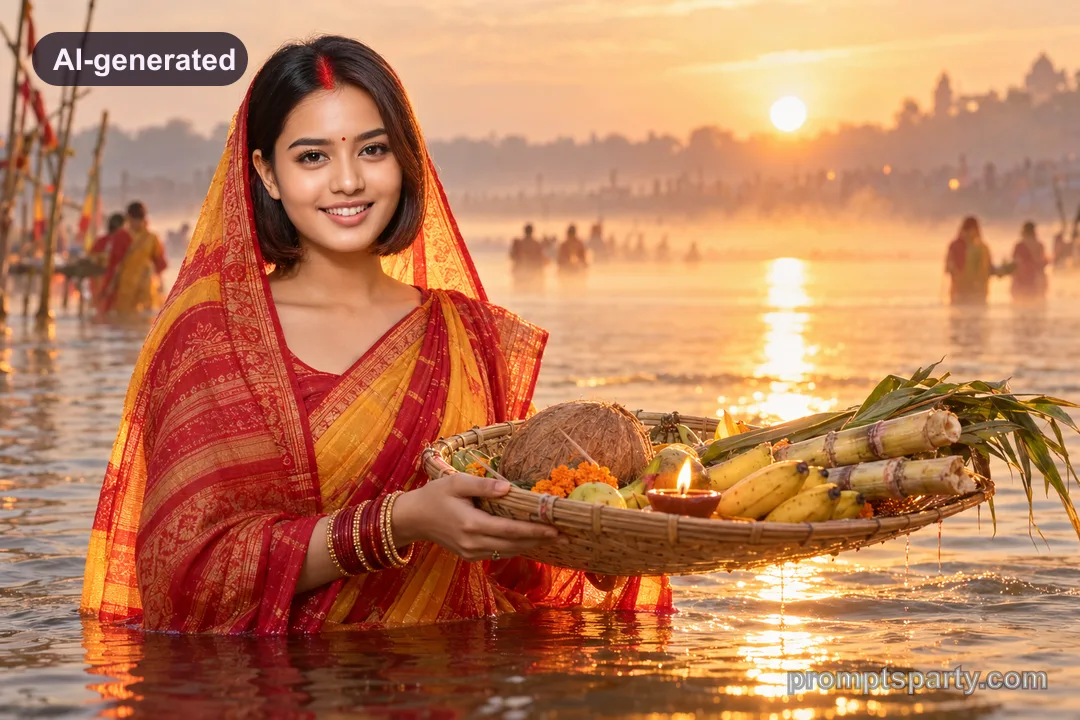 Meera performing Chhath Puja morning Arghya at sunrise riverbank, ChatGPT version