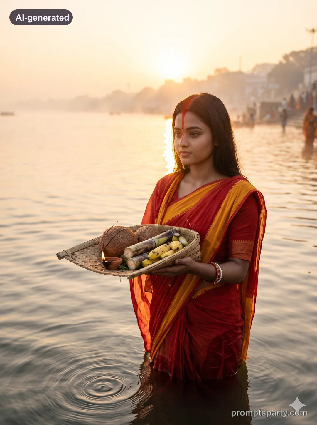Meera performing Chhath Puja morning Arghya at sunrise riverbank, Gemini version