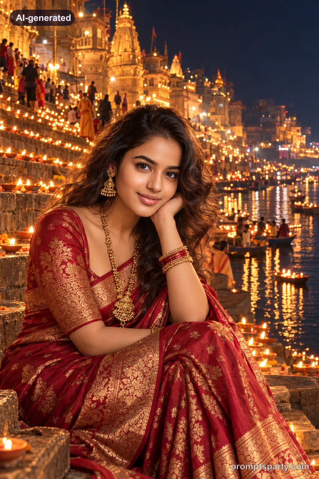 Tara in a crimson Banarasi silk saree on Varanasi ghat steps during Dev Deepawali, ChatGPT version