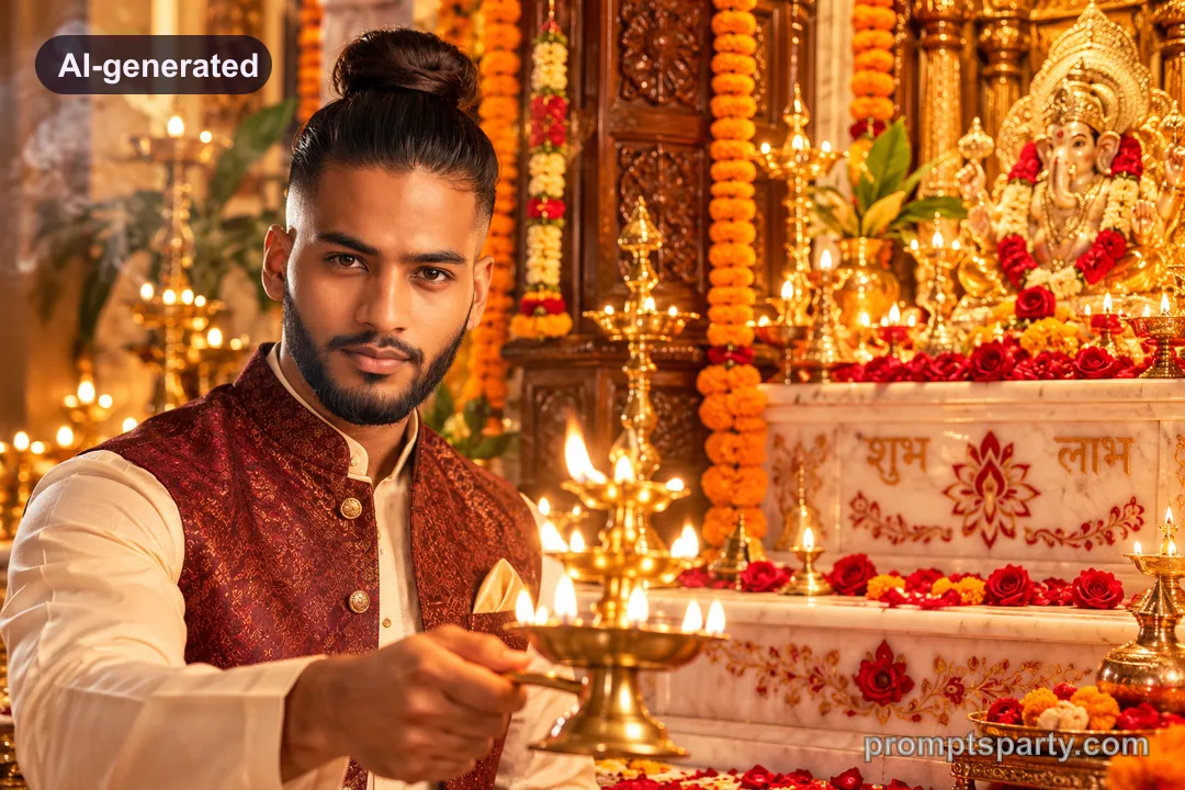 Samir holding a glowing brass aarti lamp before a home temple altar, ChatGPT version
