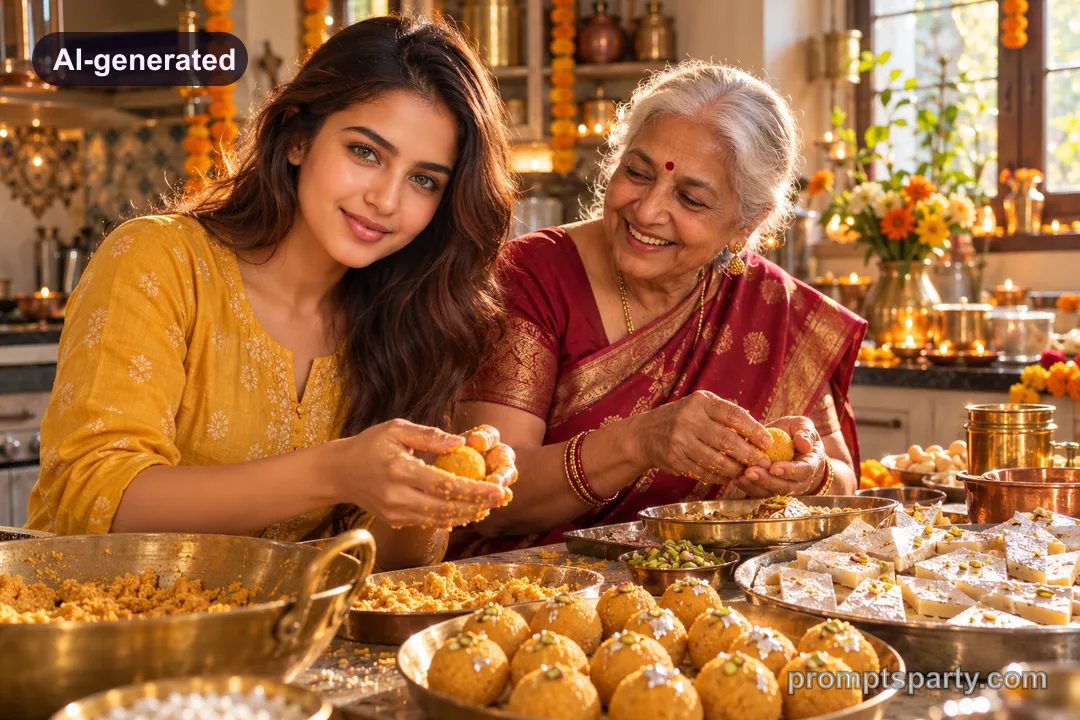 Isha rolling festive Diwali besan laddoos in a warm kitchen, ChatGPT version