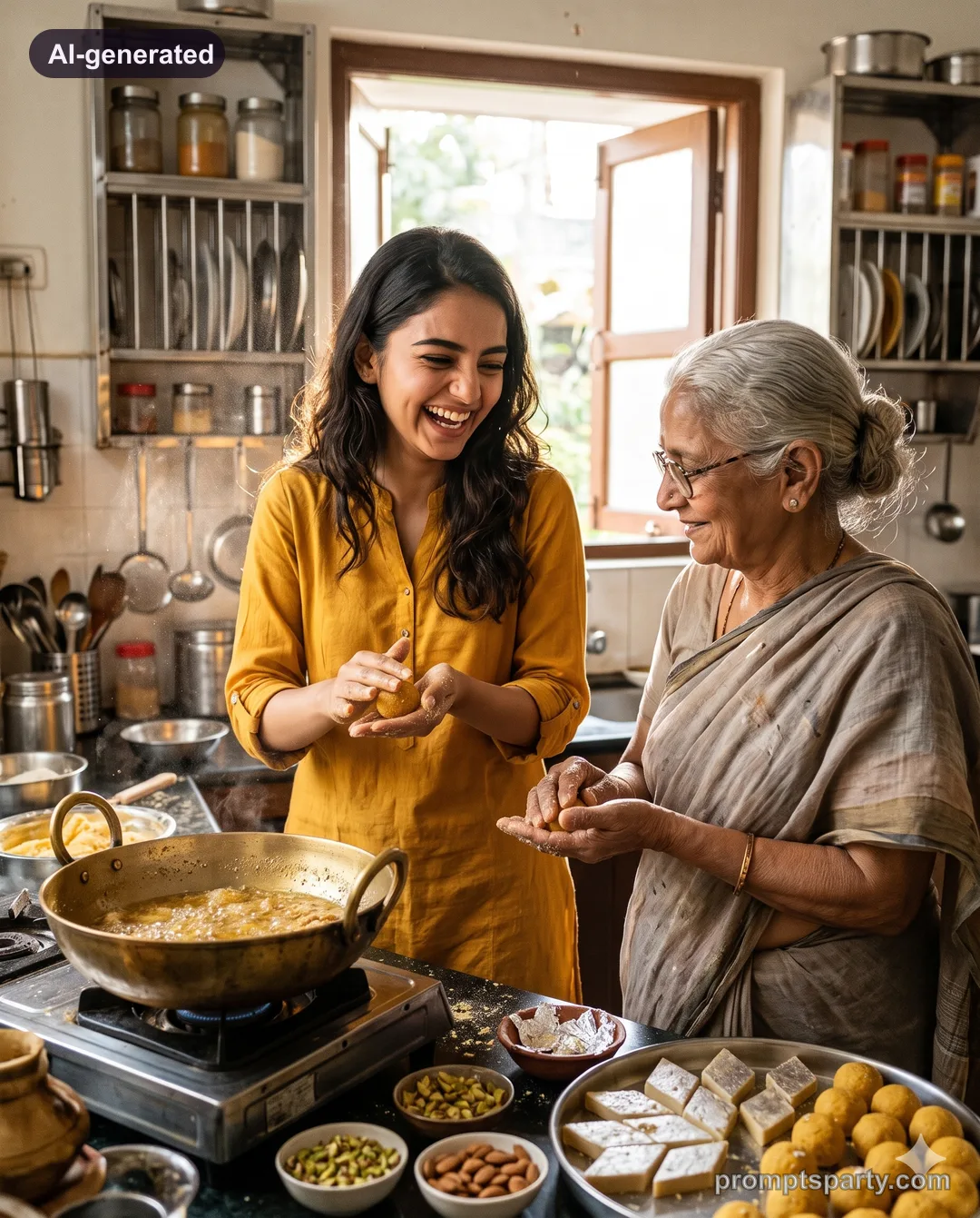 Isha rolling festive Diwali besan laddoos in a warm kitchen, Gemini version