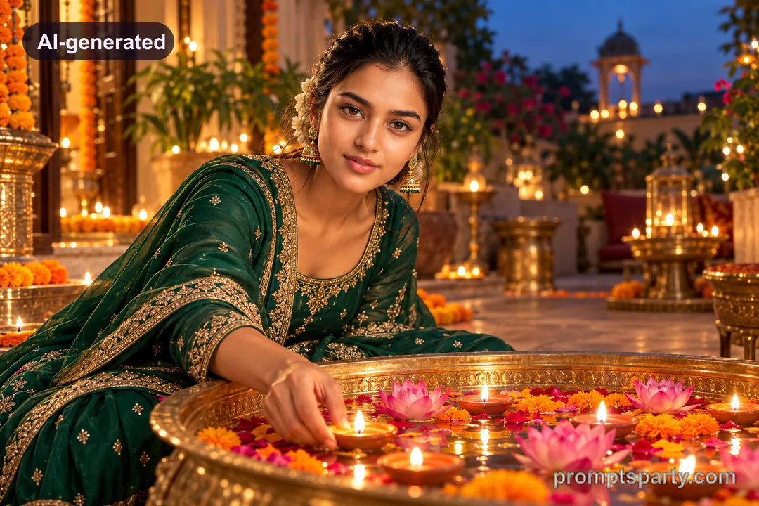 Pooja arranging floating diyas and lotus buds in a brass urli, ChatGPT version