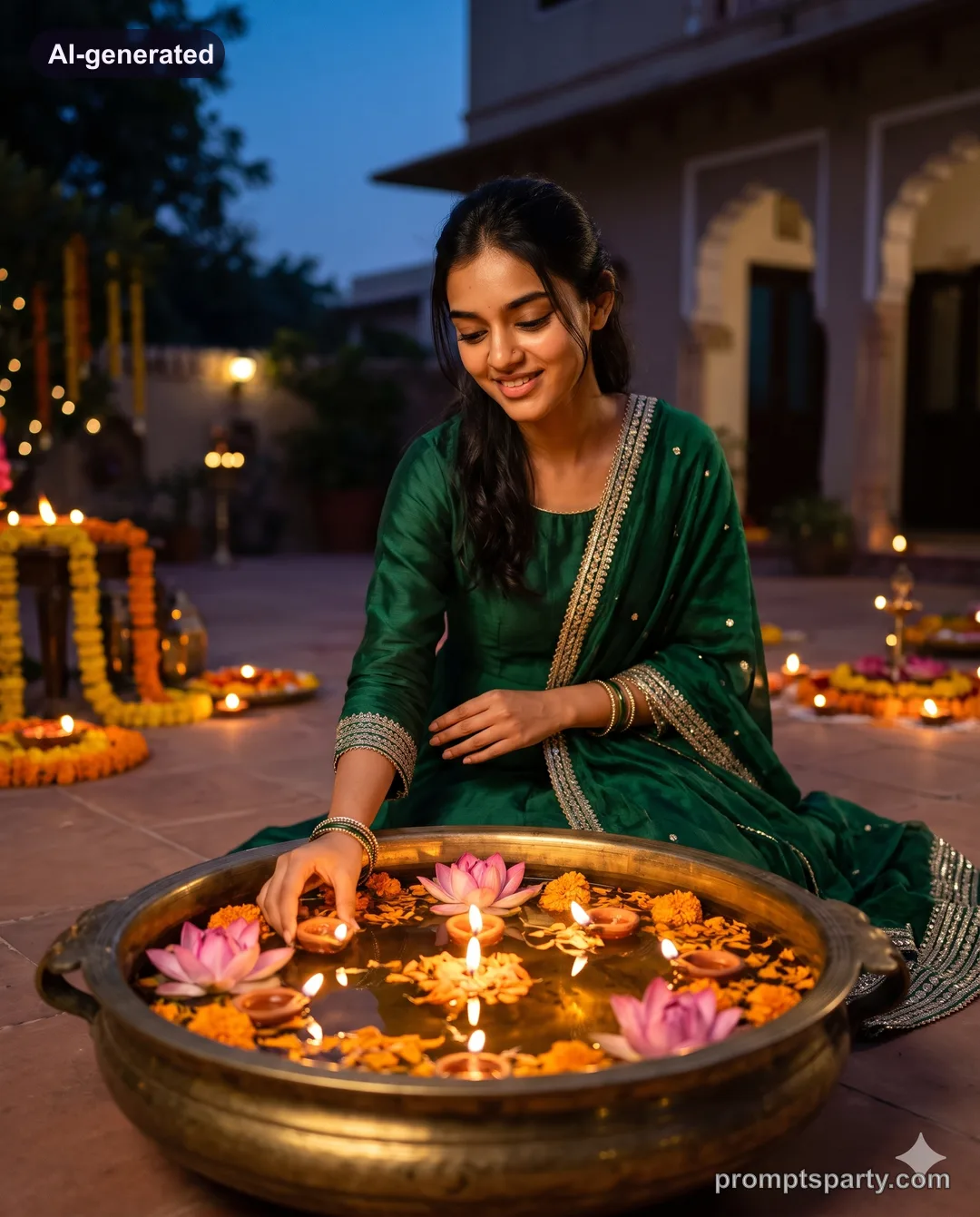 Pooja arranging floating diyas and lotus buds in a brass urli, Gemini version