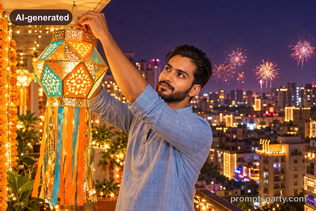 Aditya hanging a traditional Akash Kandil lantern from a festive balcony, ChatGPT version