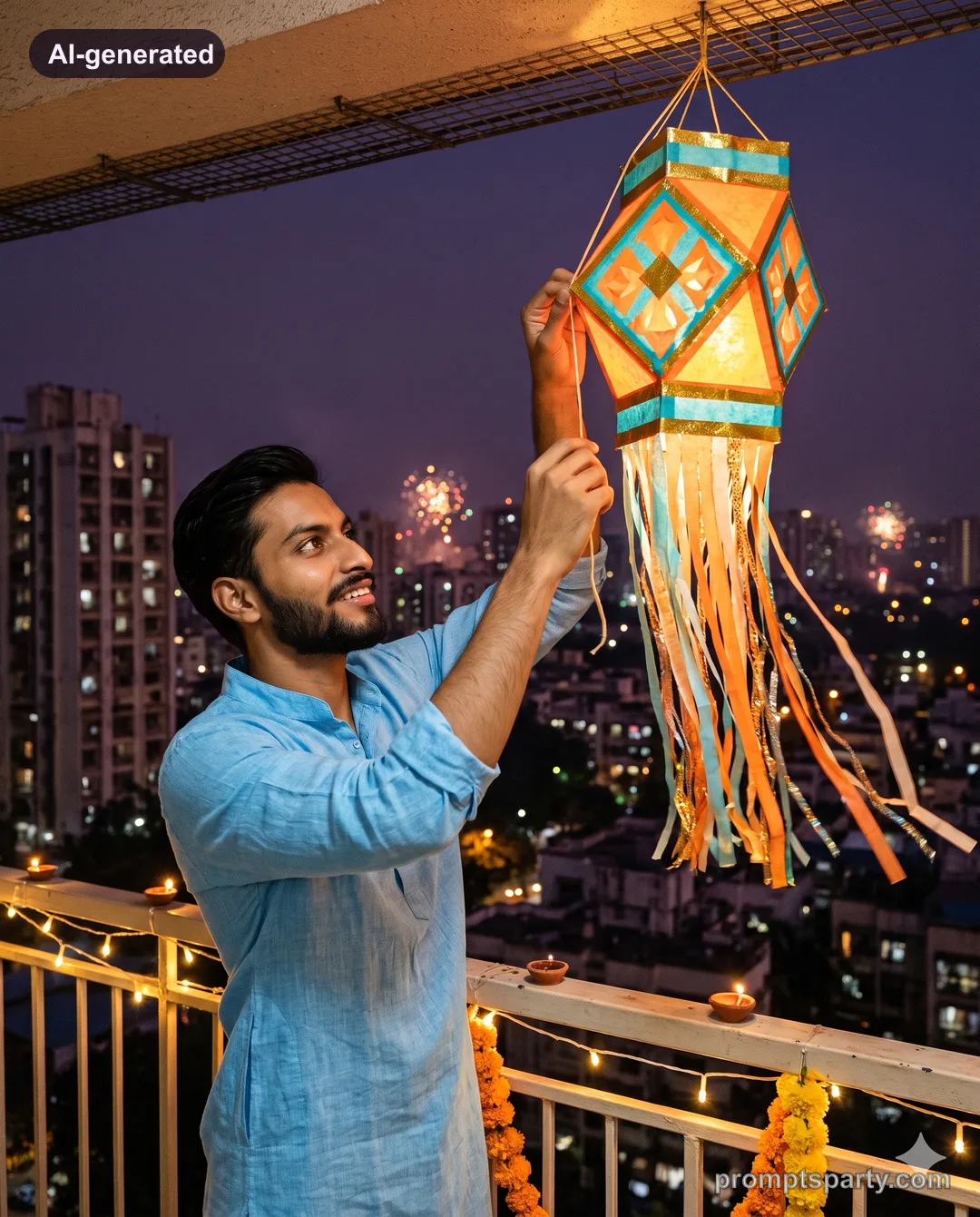 Aditya hanging a traditional Akash Kandil lantern from a festive balcony, Gemini version