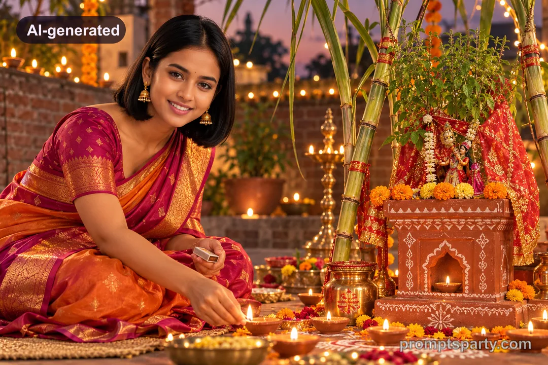 Divya celebrating sacred Tulsi Vivah rituals in a courtyard, ChatGPT version