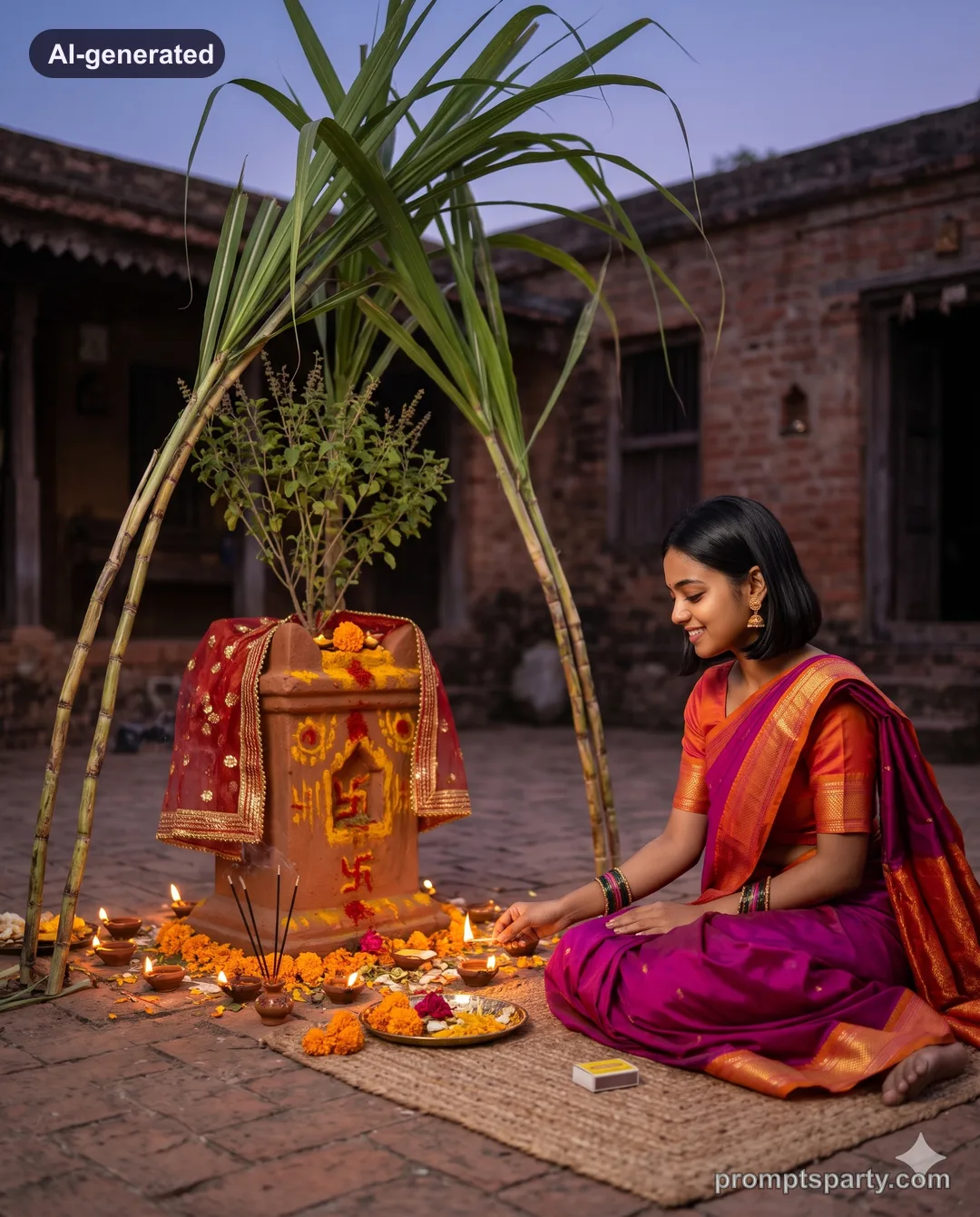 Divya celebrating sacred Tulsi Vivah rituals in a courtyard, Gemini version
