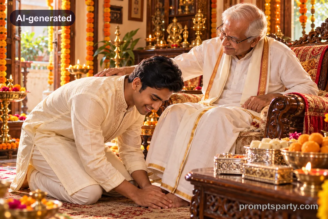 Rohan touching grandfather's feet for blessings on Diwali morning, ChatGPT version