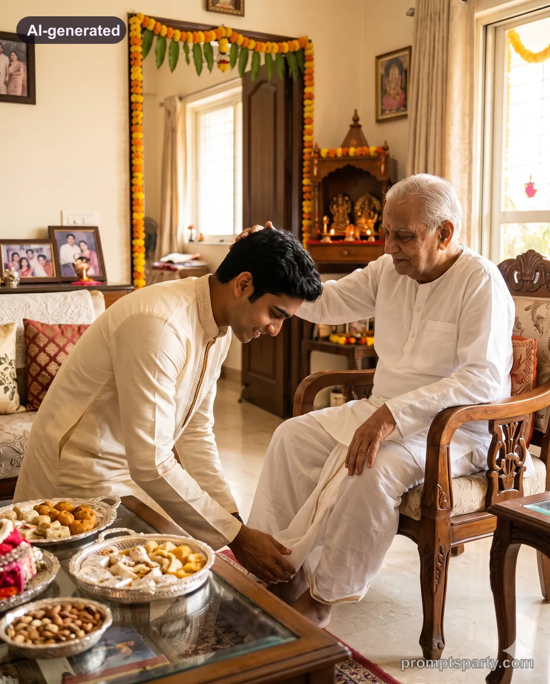 Rohan touching grandfather's feet for blessings on Diwali morning, Gemini version