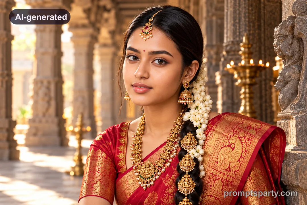 Maya in a South Indian Kanjivaram silk saree with fragrant jasmine gajra, ChatGPT version