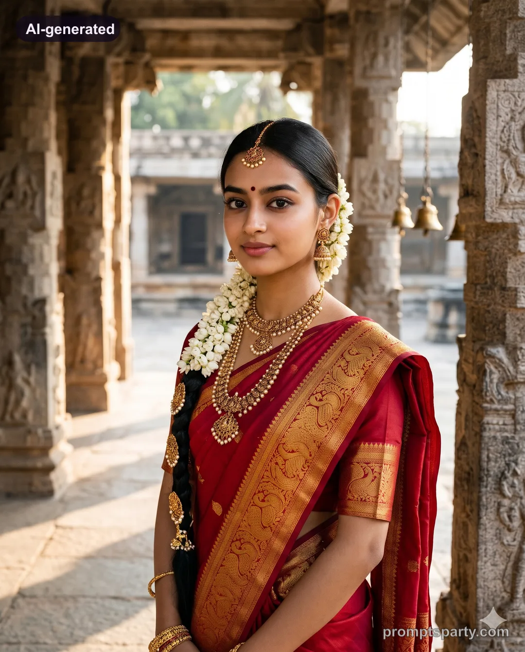 Maya in a South Indian Kanjivaram silk saree with fragrant jasmine gajra, Gemini version