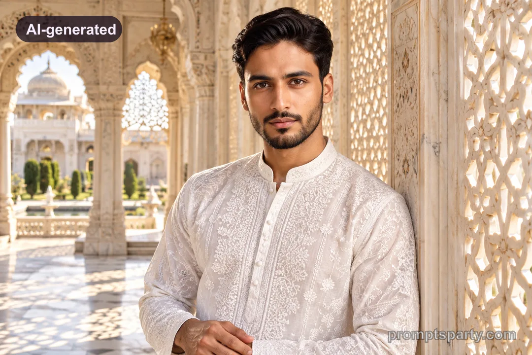 Kabir in a white Lucknowi Chikankari kurta in a sunlit Mughal courtyard, ChatGPT version