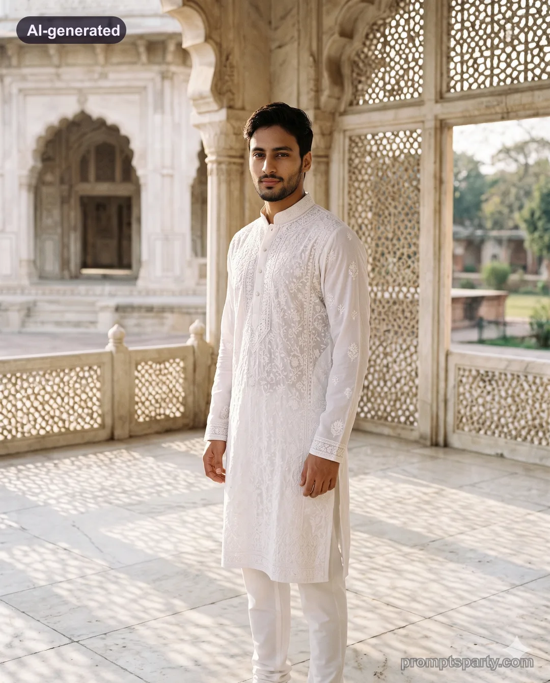 Kabir in a white Lucknowi Chikankari kurta in a sunlit Mughal courtyard, Gemini version