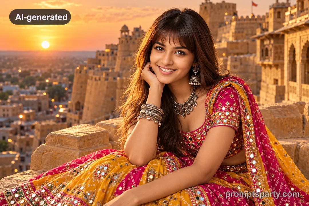 Zoya in a Rajasthani Bandhani lehenga with mirror work at a sandstone fort sunset, ChatGPT version