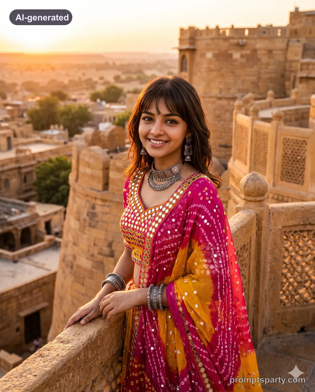 Zoya in a Rajasthani Bandhani lehenga with mirror work at a sandstone fort sunset, Gemini version