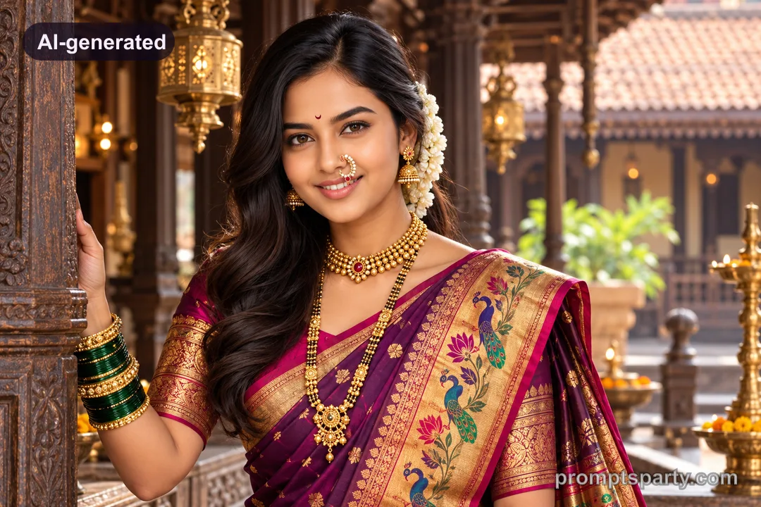 Riya in a purple Paithani saree with traditional pearl nath in a Peshwa wada, ChatGPT version