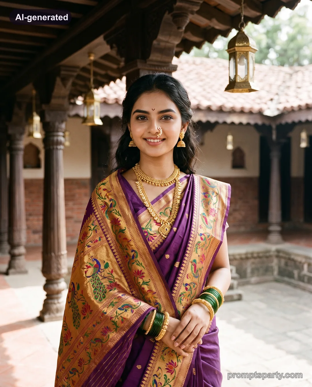 Riya in a purple Paithani saree with traditional pearl nath in a Peshwa wada, Gemini version