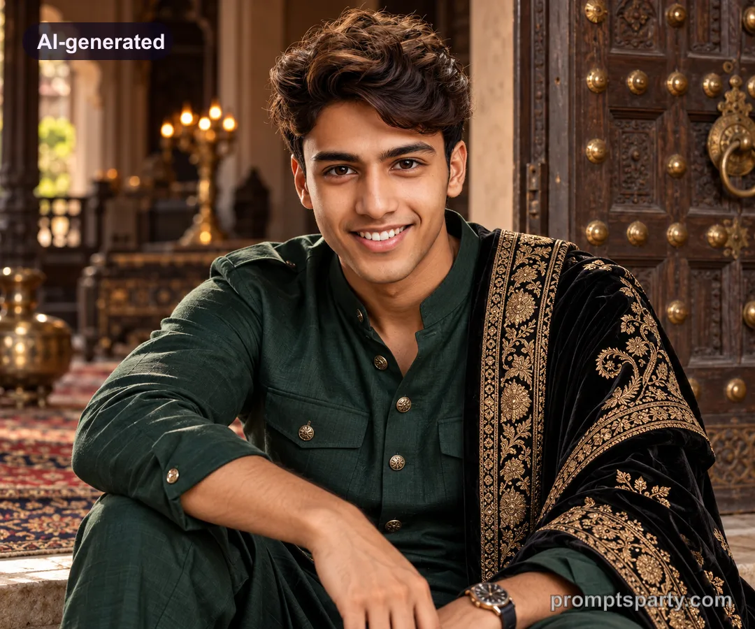 Dev in an emerald green Pathani suit with velvet shawl in a haveli doorway, ChatGPT version