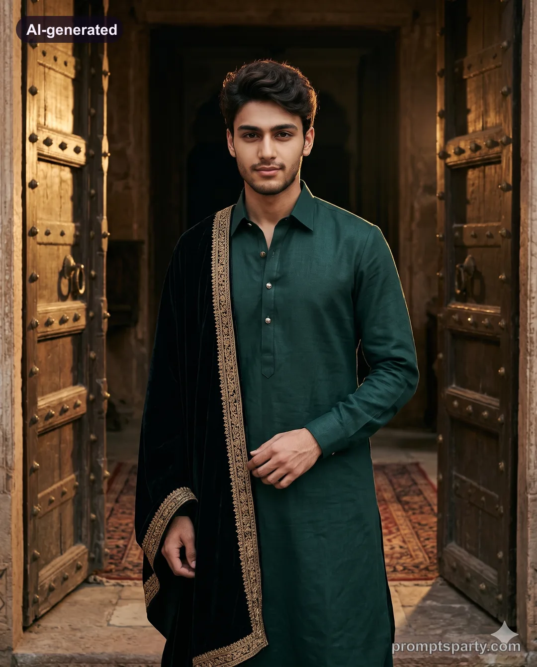 Dev in an emerald green Pathani suit with velvet shawl in a haveli doorway, Gemini version