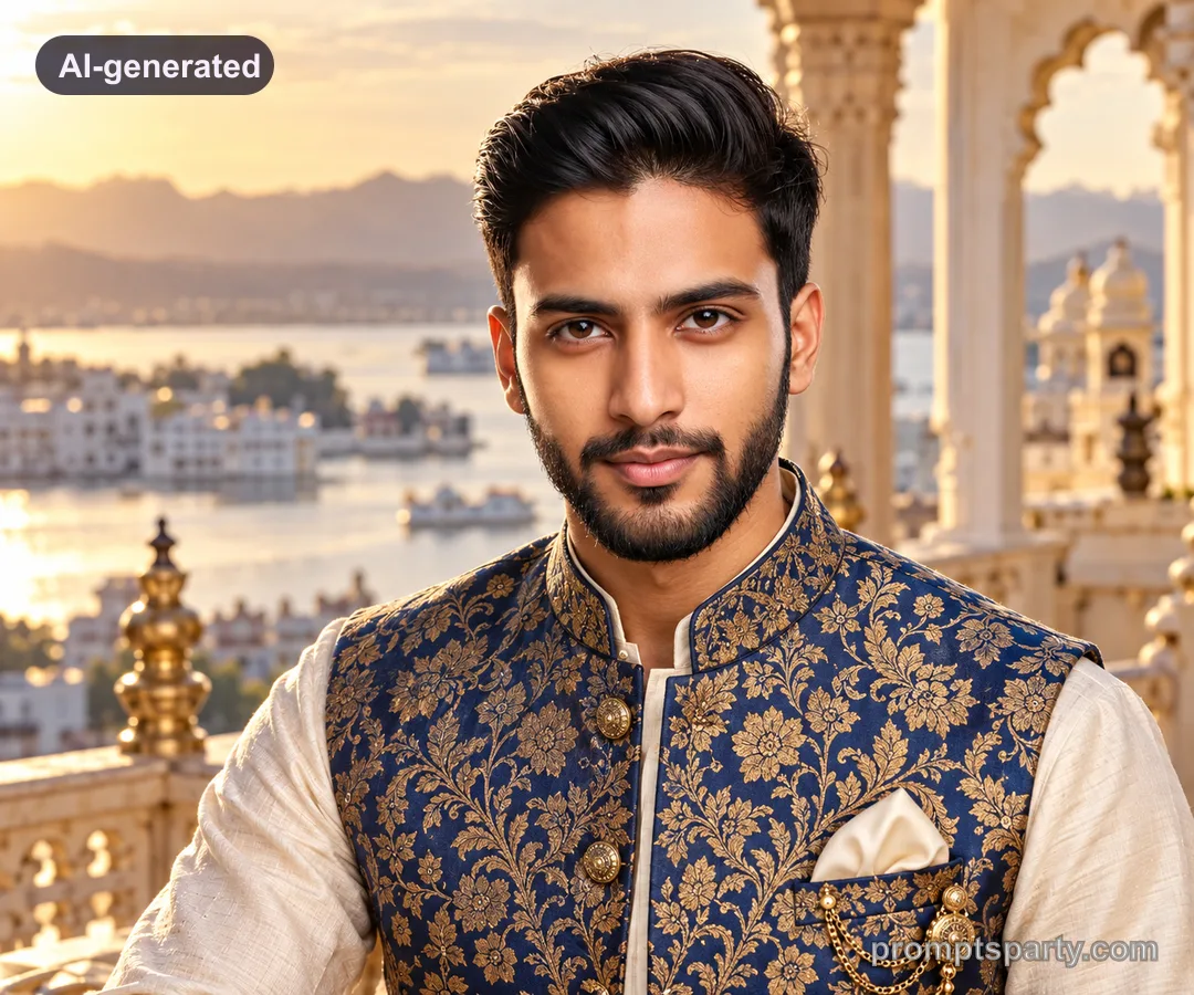Arjun in a sapphire Banarasi brocade Nehru jacket on an Udaipur palace terrace, ChatGPT version