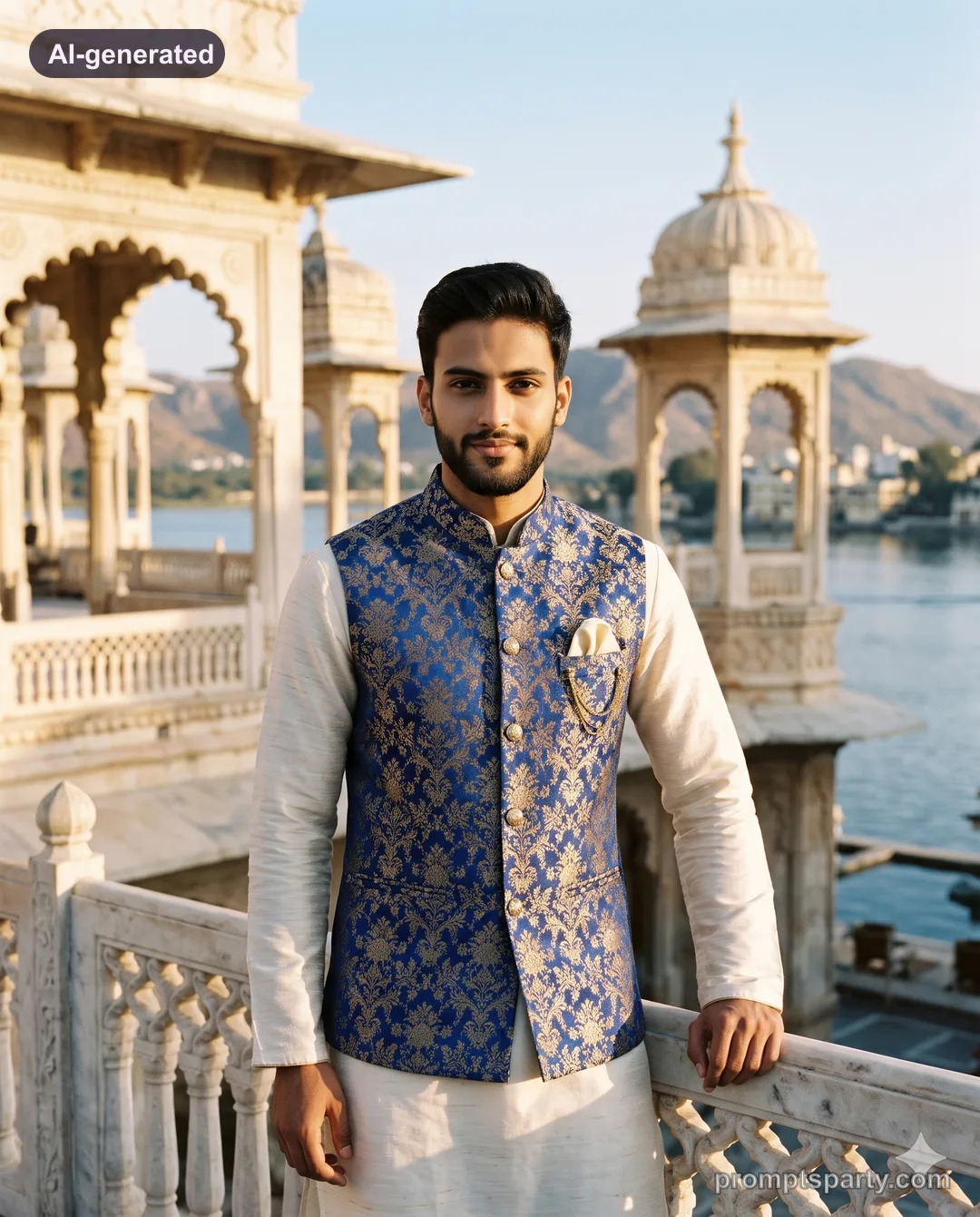 Arjun in a sapphire Banarasi brocade Nehru jacket on an Udaipur palace terrace, Gemini version