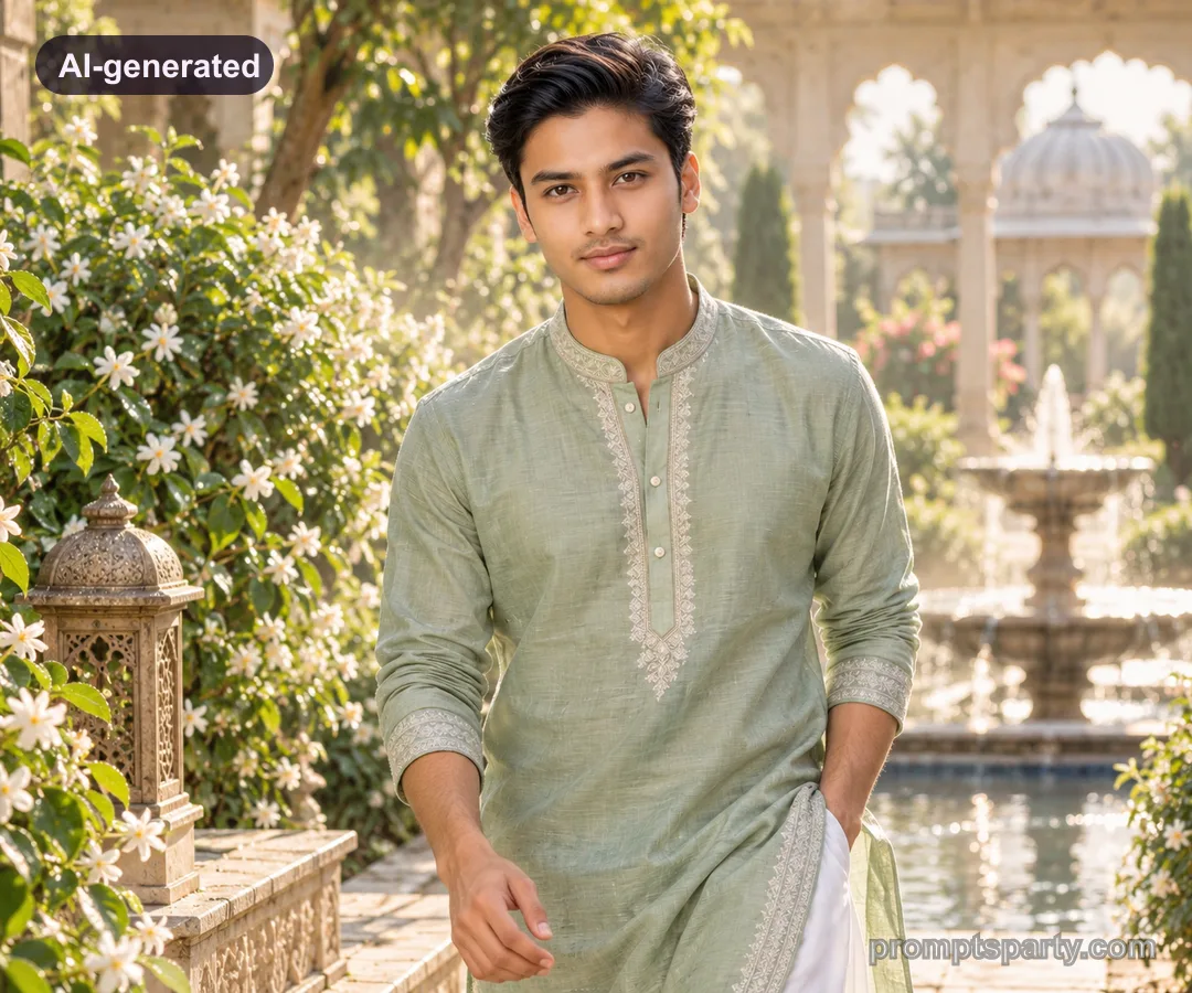 Neil in a sage-green Chanderi kurta walking through a morning Mughal garden, ChatGPT version
