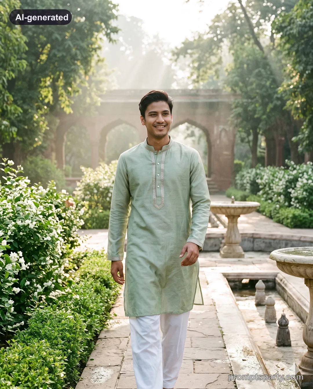 Neil in a sage-green Chanderi kurta walking through a morning Mughal garden, Gemini version