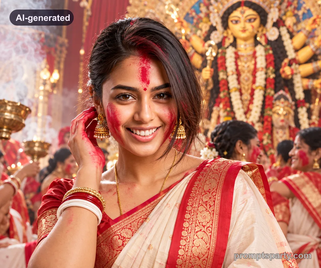 Kiara in a white Garad saree celebrating Sindoor Khela with vermilion marks, ChatGPT version