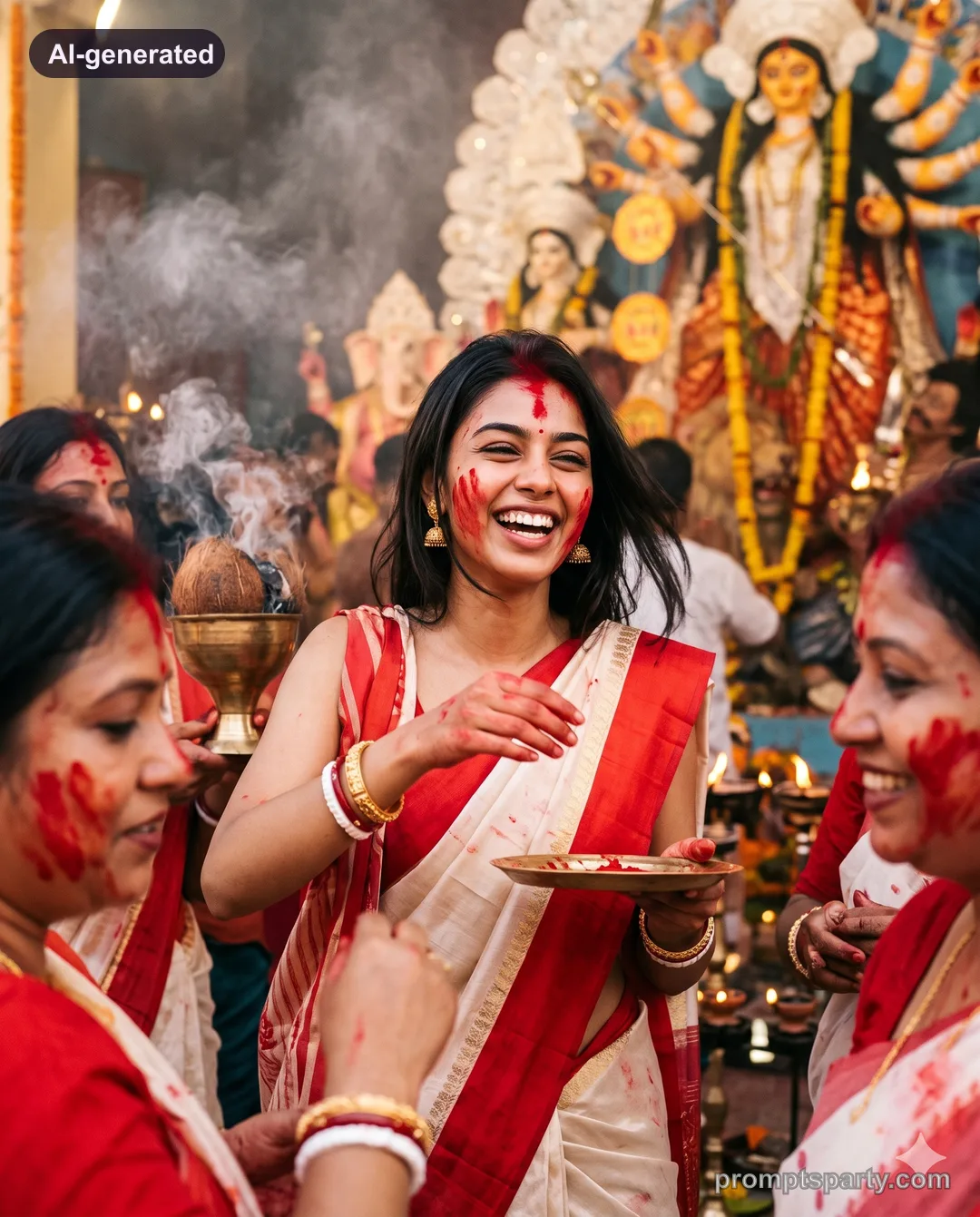 Kiara in a white Garad saree celebrating Sindoor Khela with vermilion marks, Gemini version