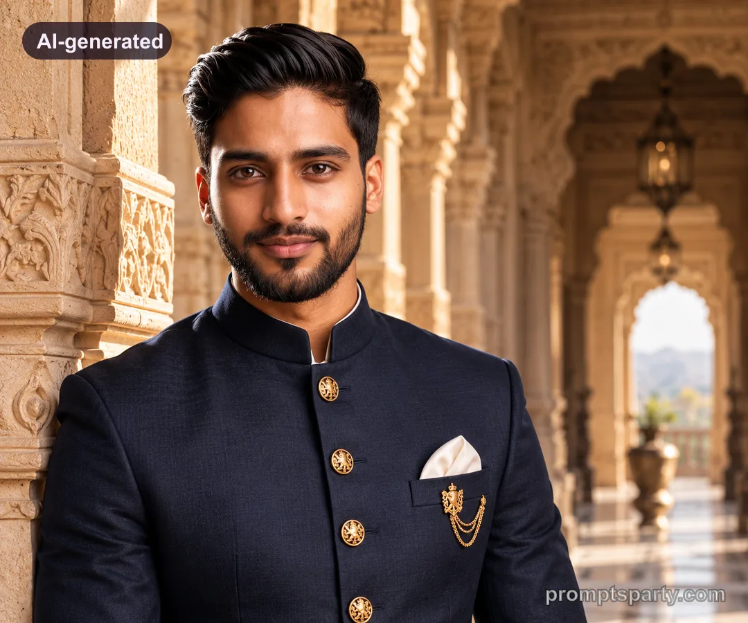 Yash in a tailored midnight navy Jodhpuri Bandhgala suit beneath a Rajasthan palace archway, ChatGPT version