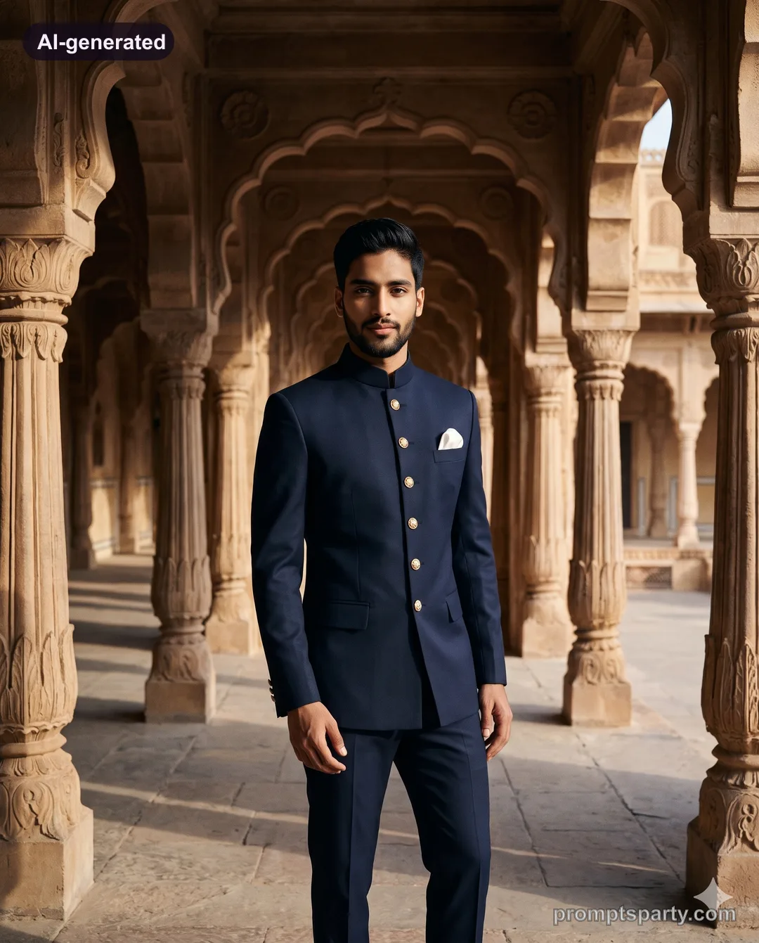 Yash in a tailored midnight navy Jodhpuri Bandhgala suit beneath a Rajasthan palace archway, Gemini version