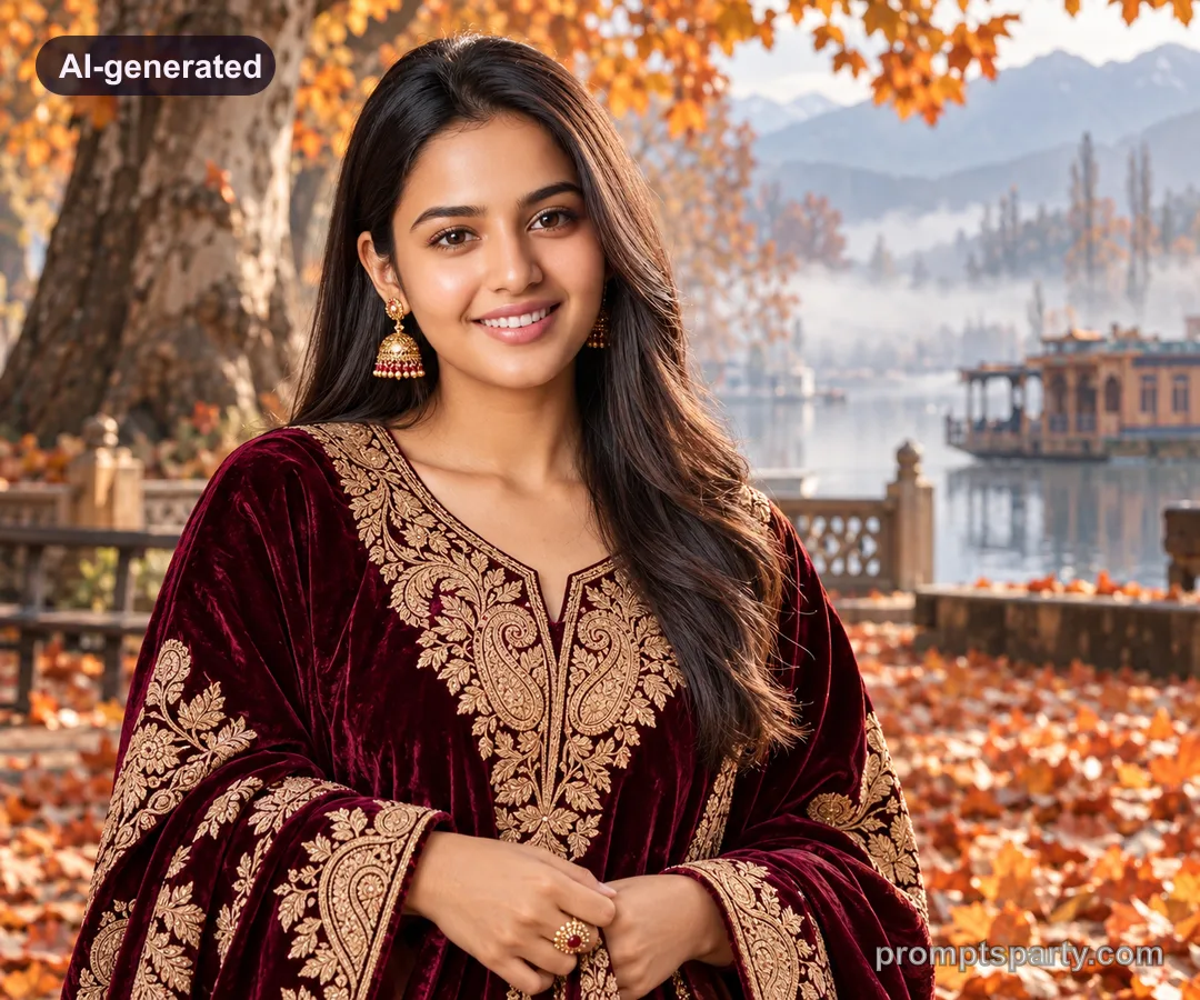 Ananya in a burgundy velvet Kashmiri Phiran with gold Tilla embroidery in an autumn chinar garden, ChatGPT version